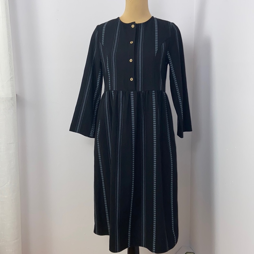 Piper and Scoot Black Graphic Grey Strip 3/4 Sleeve Cottagecore Dress Size S